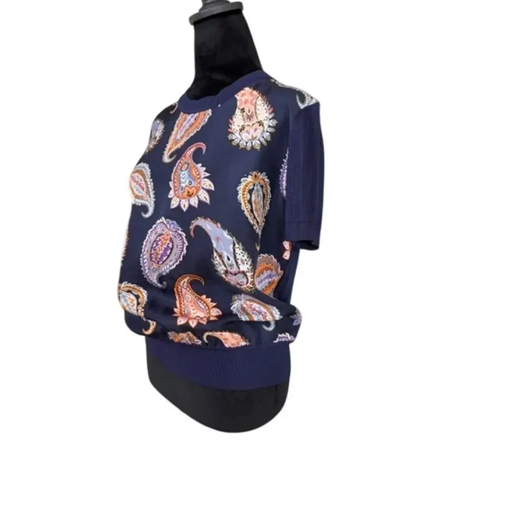 Tory Burch Silk Blouse S Navy Paisley Short Sleeve Knit Trim Luxury Top